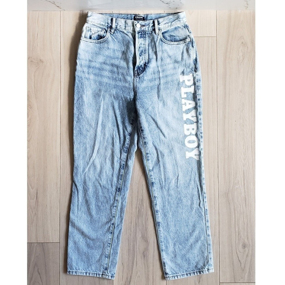 Pacsun Playboy Jeans Womens 28 Acid Wash High Rise Straight Leg Graphic‎ Denim